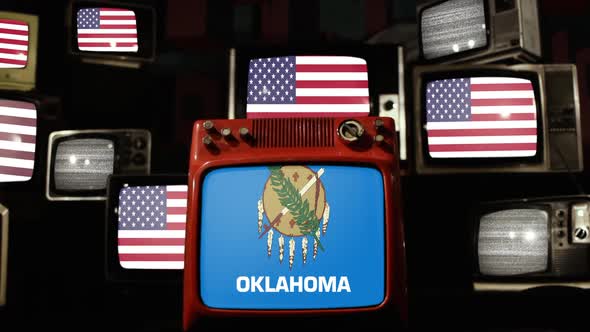 Oklahoma State Flag and US Flags on Retro TVs.
