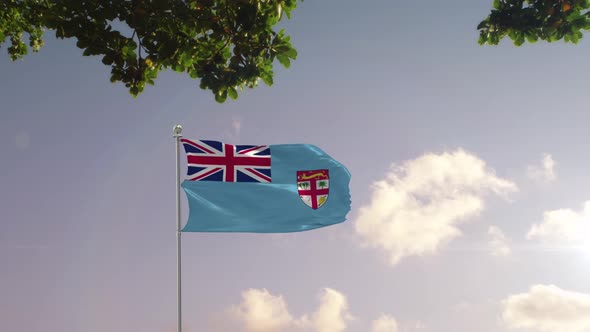 Fiji Flag With  Modern City 