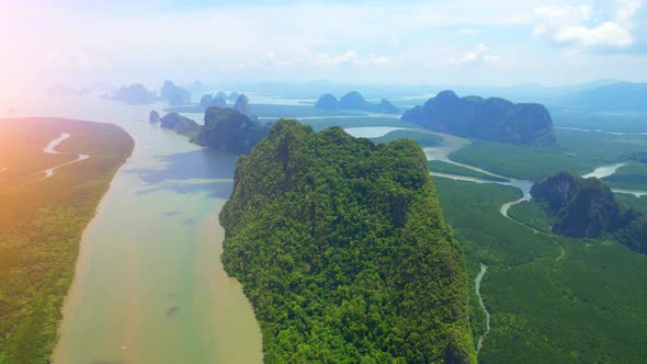 An aerial view over a large mangrove forest at Phang Nga Bay.