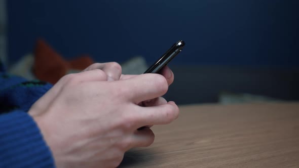 Close Up View of Man Hands Uses Phone Texting Message, Browsing Surfing Internet Tapping Scrolling