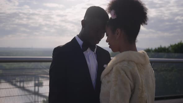 Loving Newlyweds Standing on Summer Bridge Heads Together Holding Hands Smiling