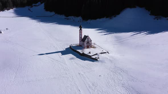 Church of St John and Dolomites in Winter