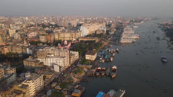 Bird's-eye View of the Buriganga River with the densely populated city of old Dhaka in Bangladesh.