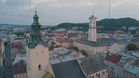 Aerial City Lviv, Ukraine. European City. Popular Areas of the City. Town Hall