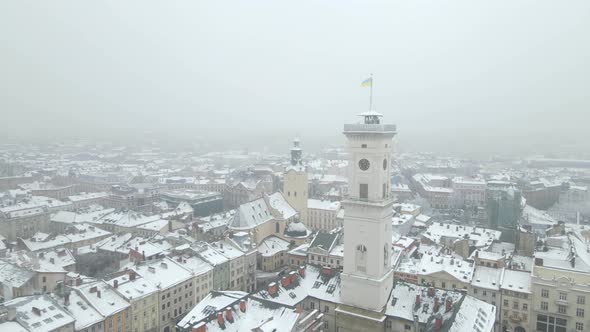 Aerial View of the Lviv Old Town in Winter