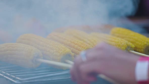 Grilling Vegetables. Cooking Corn On Grill Closeup