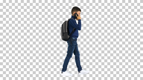 Schoolboy with a backpack talking on the, Alpha Channel