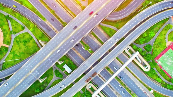 Stunning Aerial view drone shot above freeway traffic