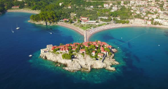 Aerial drone view of town village of semi island Sveti Stefan in Montenegro