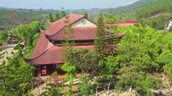 Arial View Ancient Temple Pagoda Among Green Hills
