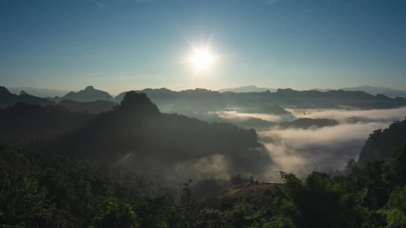 Beautiful landscape sunbeam with fog at morning, alt