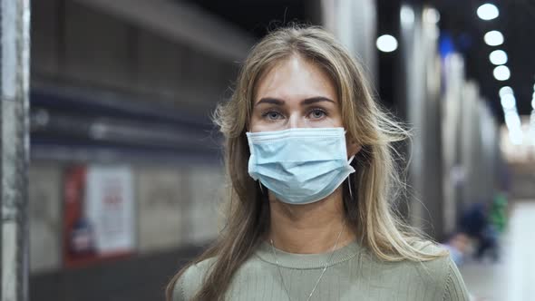 Passenger Mask Face Station Metro Coronavirus. Woman Looking at Camera Covid-19