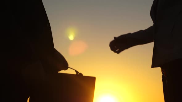 Woman Passes Briefcase To Man and Shakes Hands Against Background of Yellow Sunset in Park