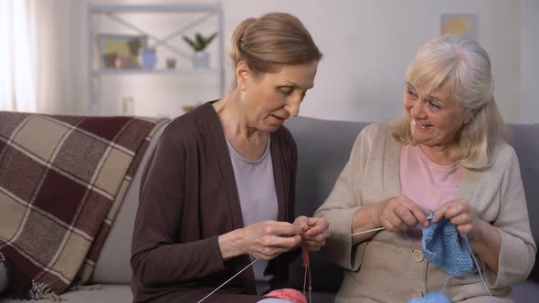 Senior Woman Learning to Knit With Her Mature and Experienced Friend, Hobby