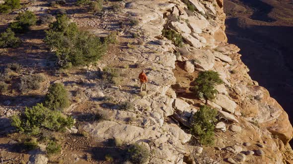 Aerial shot of a hiker at the the edge of Cedar Mesa in Utah