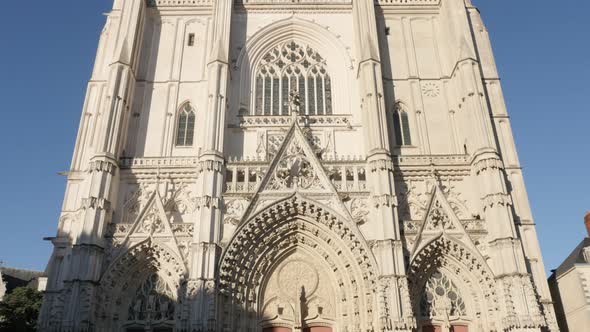 NANTES, FRANCE - JULY 2016 Cathedral Saint-Nicolas de Nantes Gothic art details on facade against bl