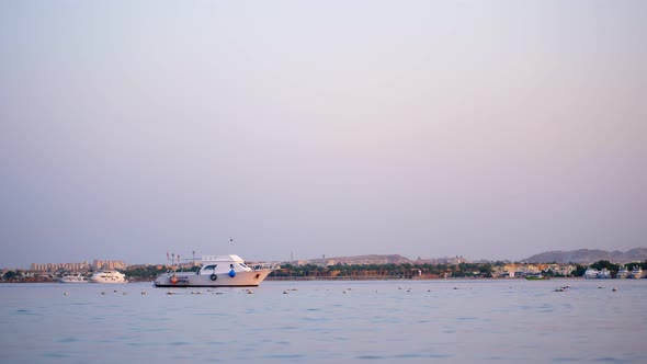 at Sunset a Small Yacht is Anchored in a Sea Bay