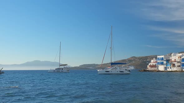 Little Venice in Mykonos, Greece, with Yachts in the Harbor