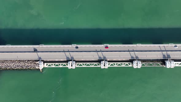 Overhead Top Down View of Oosterschelde Barrier Closable Storm Surge Barrier and Road