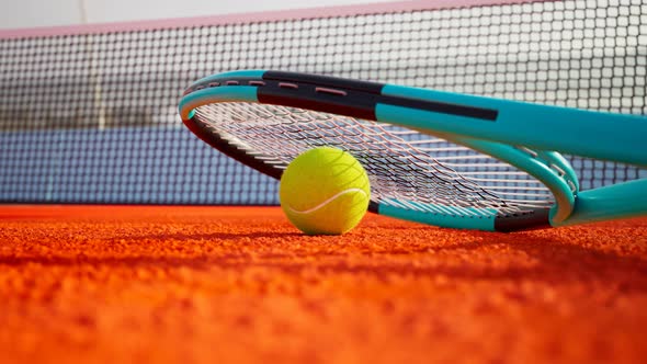 Tennis racket and a ball.Orange court.Net in the background.Sporty lifestyle.