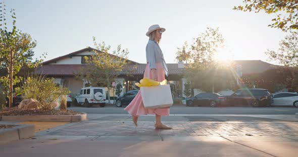  Slow Motion Shopping, Independent Woman Walking with Shopping Bags at Sunset