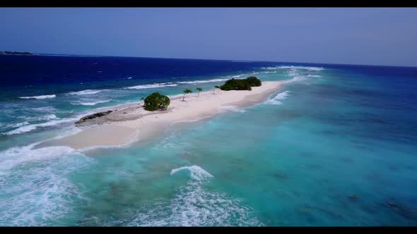 Aerial drone shot tourism of tranquil bay beach journey by blue sea and white sand background of a p