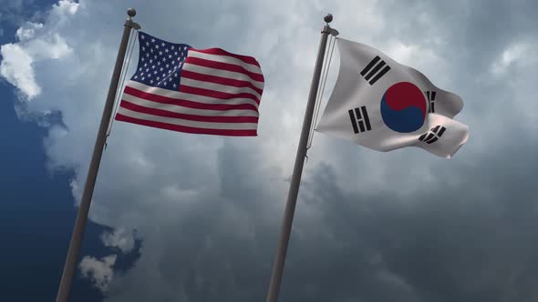 Waving Flags Of The United States And The South Korea 4K