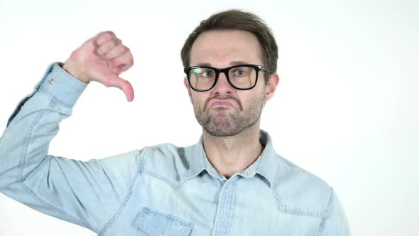 Man Gesturing Thumbs Down White Background