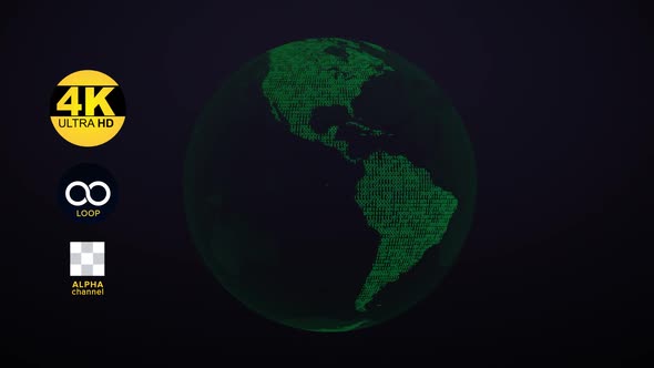 Green Earth Globe With Binary Code Texture Rotates on its Axis