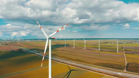 Aerial View of Wind Turbines Farm in Field. Austria. Drone View on Energy Production