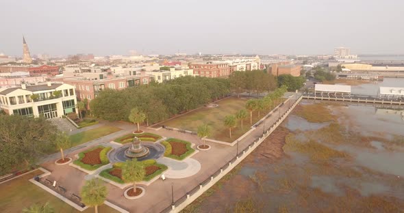 Aerial View over Waterfront Park Pineapple Fountain in Downtown Charleston, SC