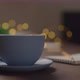 Slow Motion Orbit Shot Man Add Marshmallow Straw To Hot Chocolate Blue Cup Evening Shopping List - VideoHive Item for Sale