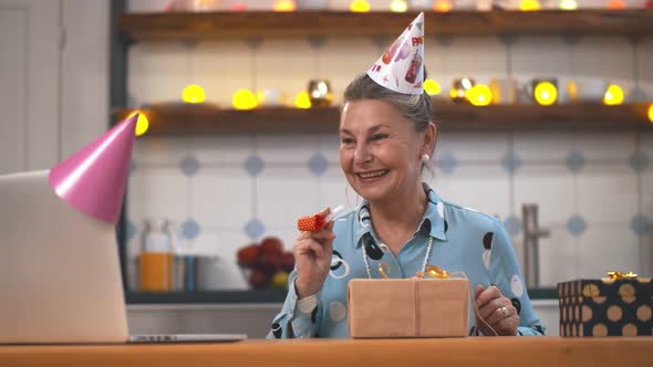 Senior Woman Celebrating Birthday Online in Quarantine Time Through Video Call Virtual Party