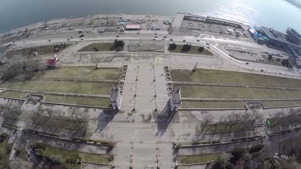 Flying over the water front of Volgograd, Russia