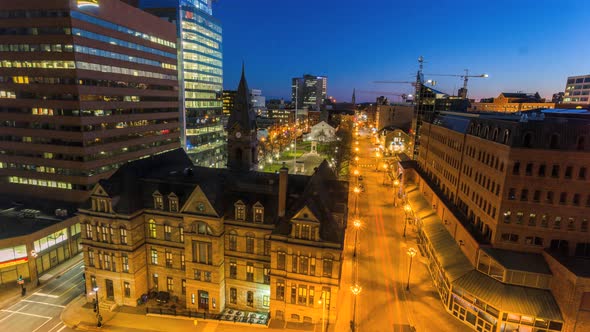 Twilight timelapse of Halifax Cityhall with the backdrop of business district