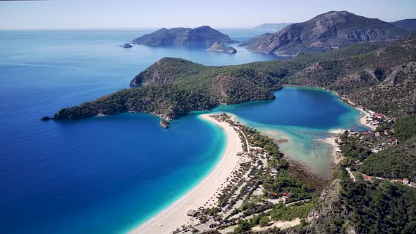 Amazing beautiful panoramic view from drone of Oludeniz Blue lagoon beach in Fethiye in Mugla