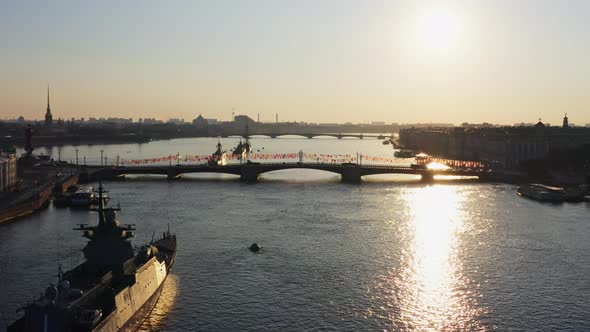 Aerial Morning Urban Landscape with Warships in the Waters of the Neva River Before the Holiday of