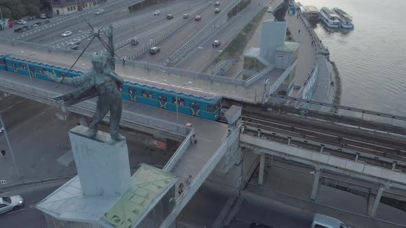 Aerial View of the Metro Bridge. Station Dnipro. Kyiv, Ukraine.