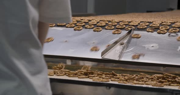 Snacks production Closeup conveyor, worker inspecting baked pretzel snacks