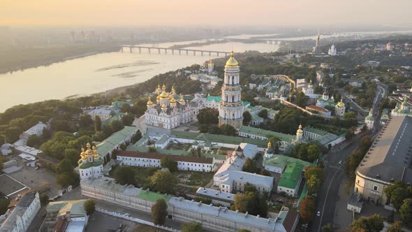 Kyiv-Pechersk Lavra in the Morning at Sunrise. Ukraine. Aerial View