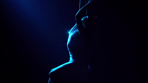 Slim Young Athletic Woman Dancing Near a Pole Demonstrating the Flexibility of Her Body in a Dark