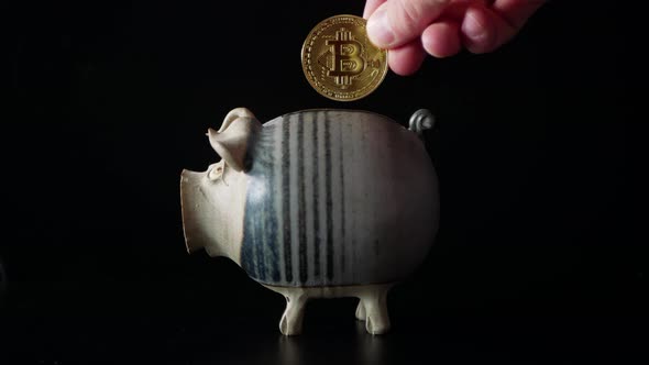 Adding Bitcoin to a piggy bank.