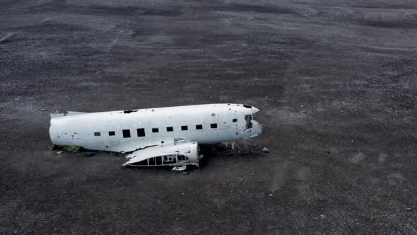 Aerial of an Abandoned Crashed Plane Wreckage on Solheimasandur Beach Iceland