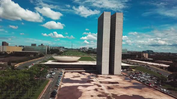 Beautiful aerial view rising upwards next to the National Congress buildings in Brasilia