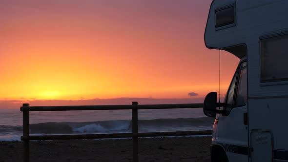 Caravan on Beach at Sunrise, Spain