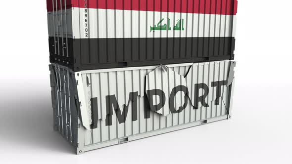Cargo Container with Flag of Iraq Breaks Container with IMPORT Text alt