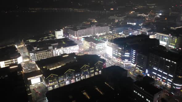Aerial Photography Night Traffic Lights Of High Rise Buildings Near West Lake Hangzhou Zhejiang