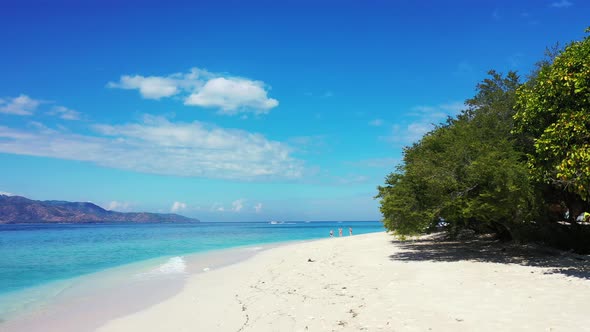 Pristine beach with white fine sand under shadow of lush vegetation, washed gently by white waves of