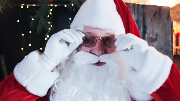 Santa Claus preens and straightens his white beard and mustache