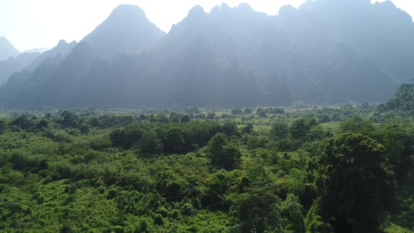 Nature landscape near town of Vang Vieng in Laos seen from the sky